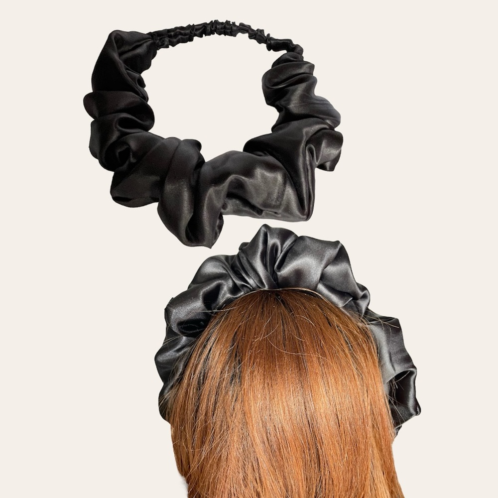 Black Satin Headband wrap scrunched For Women Pleated design